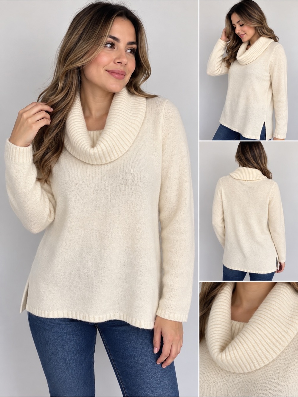 Vertical Design Ivory Cowl Neck Sweater Size L Lambswool Angora rabbit hair New